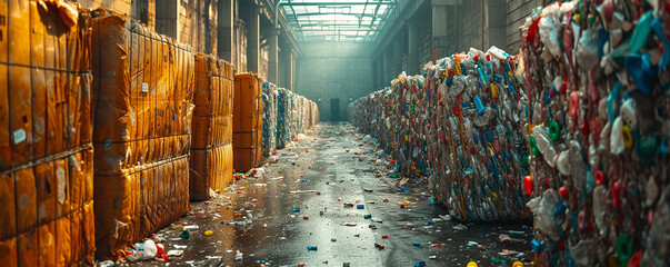 In an industrial waste facility, cluttered with heaps of unsorted refuse, streams of sunlight filter through, offering a poignant reminder of nature's resilience against , Recycling Climate Change