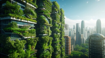 Obraz premium Futuristic Vertical Gardens on City Skyscrapers. Modern skyscrapers with integrated vertical gardens against a cityscape.