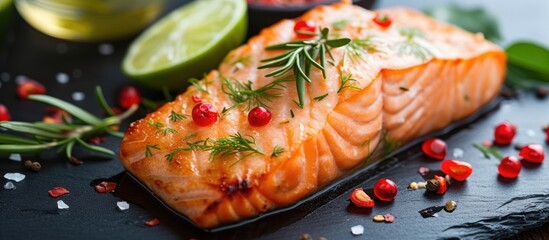 Delicious food consisting of flavorful slices of salmon, lemon, and pomegranate shrimp.