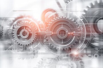 Fototapeta na wymiar A futuristic display of interconnected gears and cogs set against a panoramic business background, ideal for web banners. This captivating image embodies the essence of innovation and progress in the 