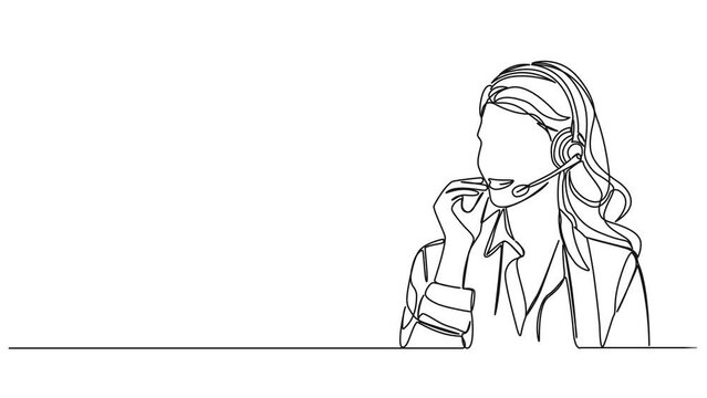animated continuous single line drawing of female call center agent with headset during call, line art animation