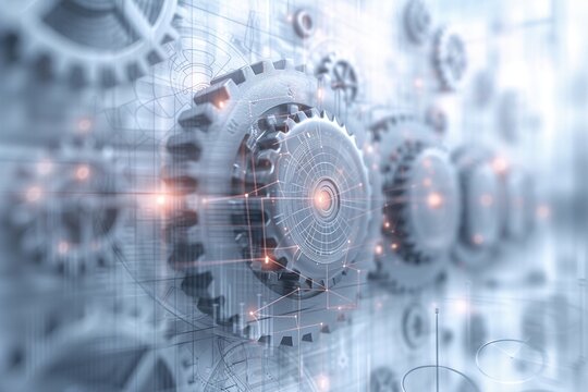 Experience the future captivating image featuring intricate gears and cogs against a panoramic business backdrop, perfect for web banners. Dive into the world of business innovation and technology