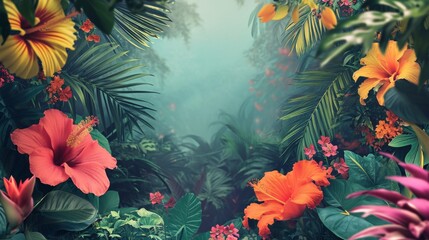 Fototapeta na wymiar Tropical Paradise Panorama with Vibrant Flora. Expansive view of a lush tropical landscape surrounded by vivid flowers.