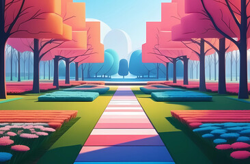 Obraz premium A park with blooming rose trees. Illustration