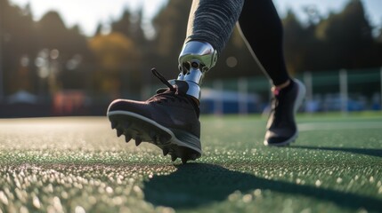 Dynamic Prosthetic Foot in Athletic Action. Close-up of an athletic prosthetic foot poised for action on turf.