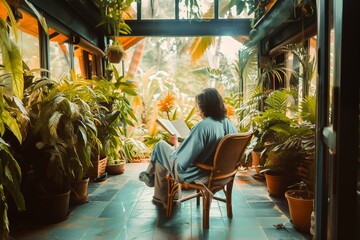 A woman enjoys reading a book surrounded by lush indoor plants in a serene garden room, exuding peace and tranquility. - obrazy, fototapety, plakaty