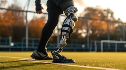 Athlete with Prosthetic Leg on Sports Field at Dusk. Focused athlete with a modern prosthetic leg on a sports field during sunset.