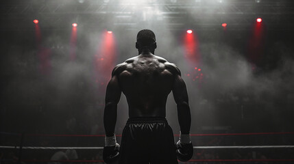 Fototapeta na wymiar Confident Boxer Ready for Fight in Smoky Ring Arena
