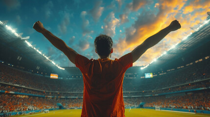 Fototapeta na wymiar Triumphant Fan Celebrating Victory at a Stadium During Sunset