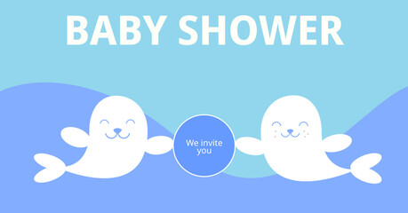 Vector invitation greeting card for baby shower and gender party. Baby announcement card design with element furseal. Sweet illustration on blue and pink background.