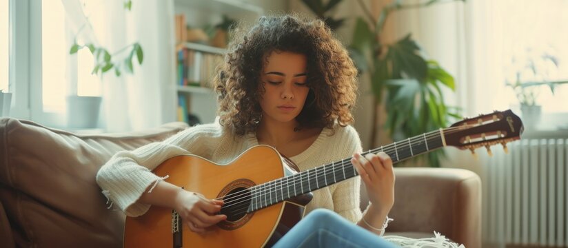 Cropped a curly young woman guitarist enjoy playing guitar in home. AI generated image