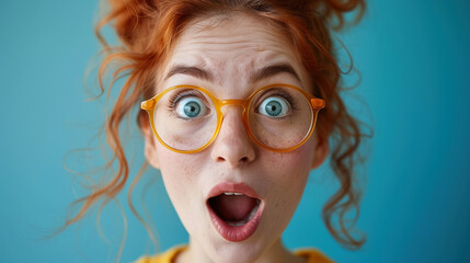 Close-up of a redhead woman looking surprised, wearing stylish glasses.