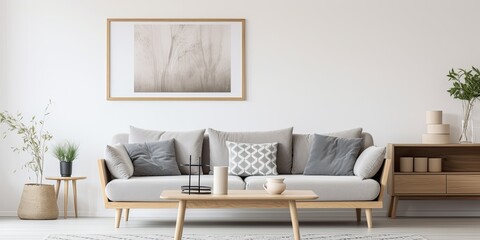 Scandinavian living room with grey sofa, wooden table, poster frame, carpet, and personal accessories in elegant decor.