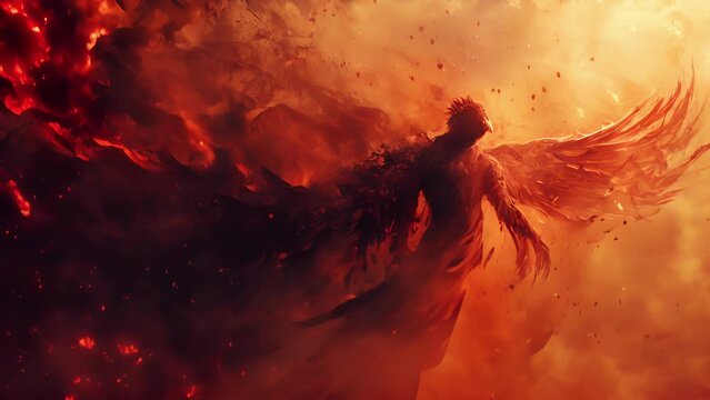 A fallen angel with tattered wings surrounded by ghostly apparitions and fiery hues of red and orange.