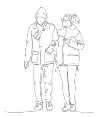 Woman walking with elderly man arm in arm. Wear winter warm clothes. Continuous line drawing. Hand drawn black and white vector illustration in line art style.