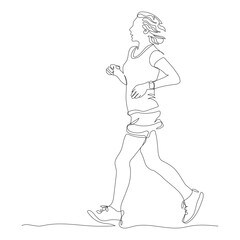 Woman jogging. Having hand watch. Side view. Continuous line drawing. Hand drawn vector illustration in line art style.