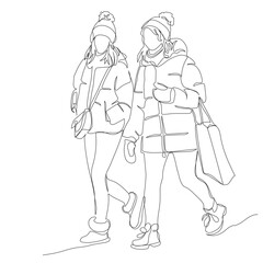 2 women in winter warm clothes walking with shopping bag. Wear hats with pom-pom, jackets and mittens. Continuous line drawing. Hand drawn vector in line art style.