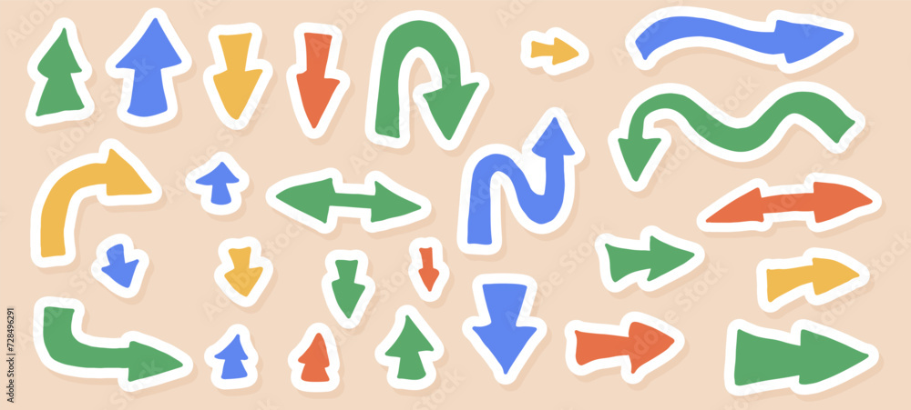 Poster arrows stickers set. left right down up forward pointers.