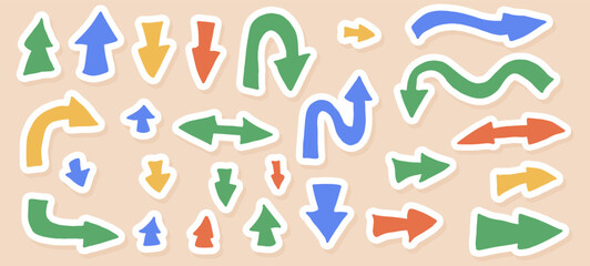 Arrows stickers set. Left right down up forward pointers.