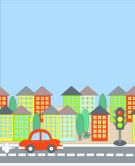 Obraz na płótnie Canvas Template with a red car on a road in a city with buildings and a traffic light. Cartoon vector illustration for card, print, poster. Copy space.