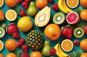 Fototapeta na wymiar Exotic Tropical Fruits,Vegetarian Fruit Food On Table