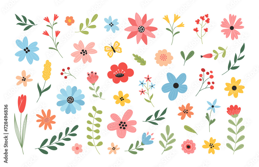 Wall mural Beautiful spring and summer flowers set. Leaves, plants, branches, floral bouquets. Vector illustration.