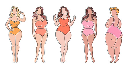 Set of silhouettes of women with different figures. Body positivity concept. Print, illustration, vector