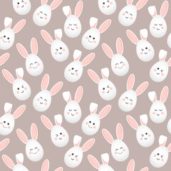 Seamless pattern, Easter bunny faces with different emotions. Festive background, print, textile, vector