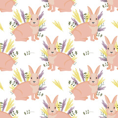 Seamless pattern, cute Easter bunnies and spring flowers on a white background. Holiday print, illustration, background, vector