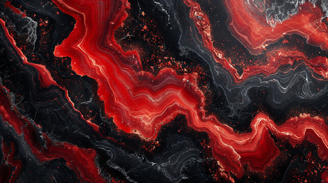 Bold patterns of ruby red and onyx black create a dramatic abstract scene, evoking a sense of passionate intensity. 