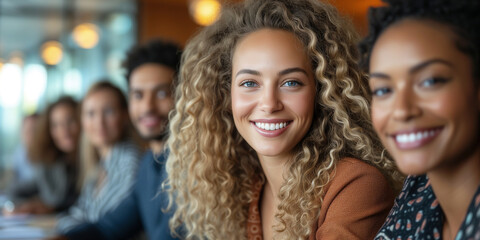 Obraz premium Smiling group of diverse businesspeople working together around a meeting table in an office complex lobby.