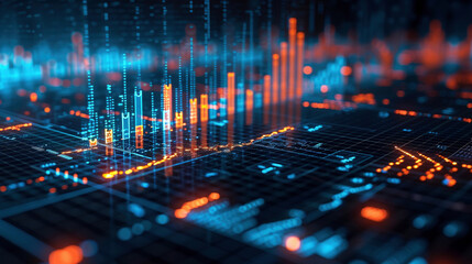 Abstract image of glowing financial charts, bars, and stock market data in holographic projection. - obrazy, fototapety, plakaty