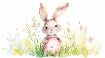 Adorable Bunny Clutching a Decorative Easter Egg on a Spring Day