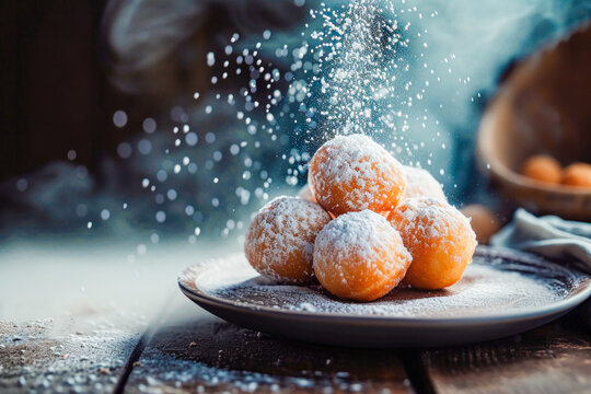 Close-up shot of Easter fritters sprinkled with sugar. Typical sweet in Spain known as "Bu&ntilde;uelos".
