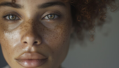 sensitive extremely close-up face portrait of beautiful young woman with clean skin and freckles, curly hair looking at camera. Diverse human beauty, fashion and skin care concepts.