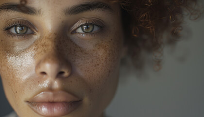 sensitive extremely close-up face portrait of beautiful young woman with clean skin and freckles, curly hair looking at camera. Diverse human beauty, fashion and skin care concepts. - obrazy, fototapety, plakaty