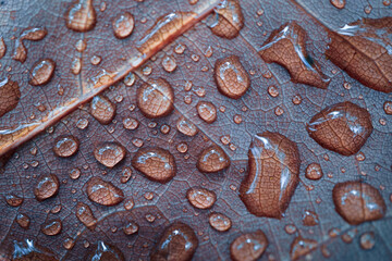 raindrops on the red autumn leaves in rainy days