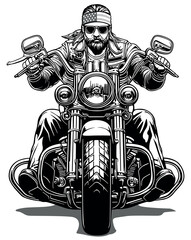 Drawing of a Biker on a Strong Motorcycle - Black and White Illustration with a American Rider from a Frontal View Isolated on a White Background, Vector - 728498437