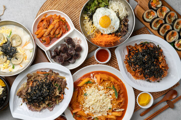 Korean food, snack, gimbap, bulgogi, rice bowl, bibimbap, stir-fried spicy pork, cheese, flying fish roe, rice cake, dumpling soup, tteokbokki, sundae, and Rabokki