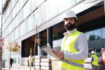 Focused bearded construction manager in yellow vest and safety helmet reviews plans on clipboard at...