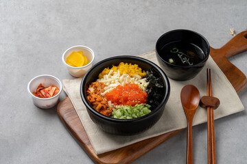 Korean food, snack, gimbap, bulgogi, rice bowl, bibimbap, stir-fried spicy pork, cheese, flying...