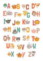 Animals alphabet poster for kids. Fun kawaii animal characters and letters. Cute zoo ABC learning placard. School visual aids for elementary education. Vector illustration. Cartoon children alphabet.