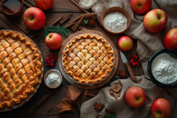 Homemade autumn apple pies, top view table scene with a rustic wood background - obrazy, fototapety, plakaty