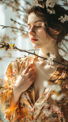 Fototapeta premium Woman in studio wearing white standing among flowers. White studio background.