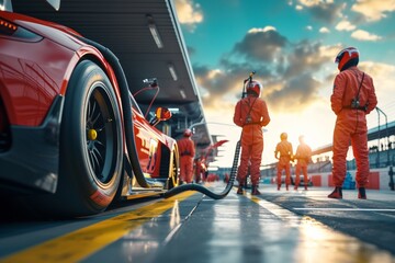 The professional pit crew is on standby, ready to spring into action as their team's race car approaches the pit lane for a crucial pitstop. - obrazy, fototapety, plakaty