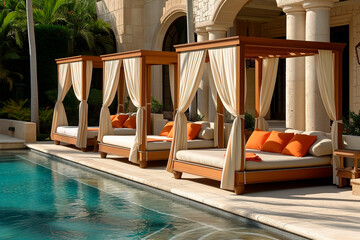 Elegant beach pool in a luxury hotel with poolside cabana outdoor seating