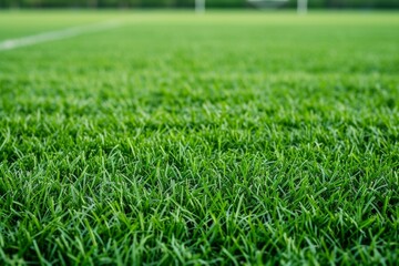 The field's green grass serves as the perfect background for a thrilling soccer game, with the sport's lawn marked by crisp white lines. - obrazy, fototapety, plakaty