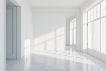 Obraz premium Create your masterpiece in this empty white room with a blank canvas poster mockup on the white wall, using our modern and neutral template to showcase your art.