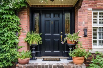 Fototapeta na wymiar Welcome to the inviting entrance of this modern home, where a sleek black front door is surrounded by lush green potted plants, adding charm to the house's exterior.