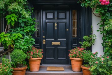 Welcome to the inviting entrance of this modern home, where a sleek black front door is surrounded by lush green potted plants, adding charm to the house's exterior.